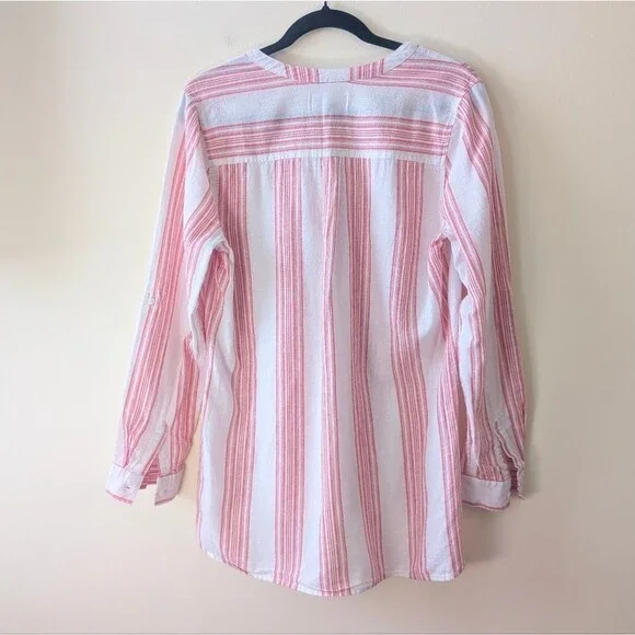 Old Navy Popover Tunic Linen Blend Red White Stripe Size Medium Nautical Coastal - Picture 4 of 6